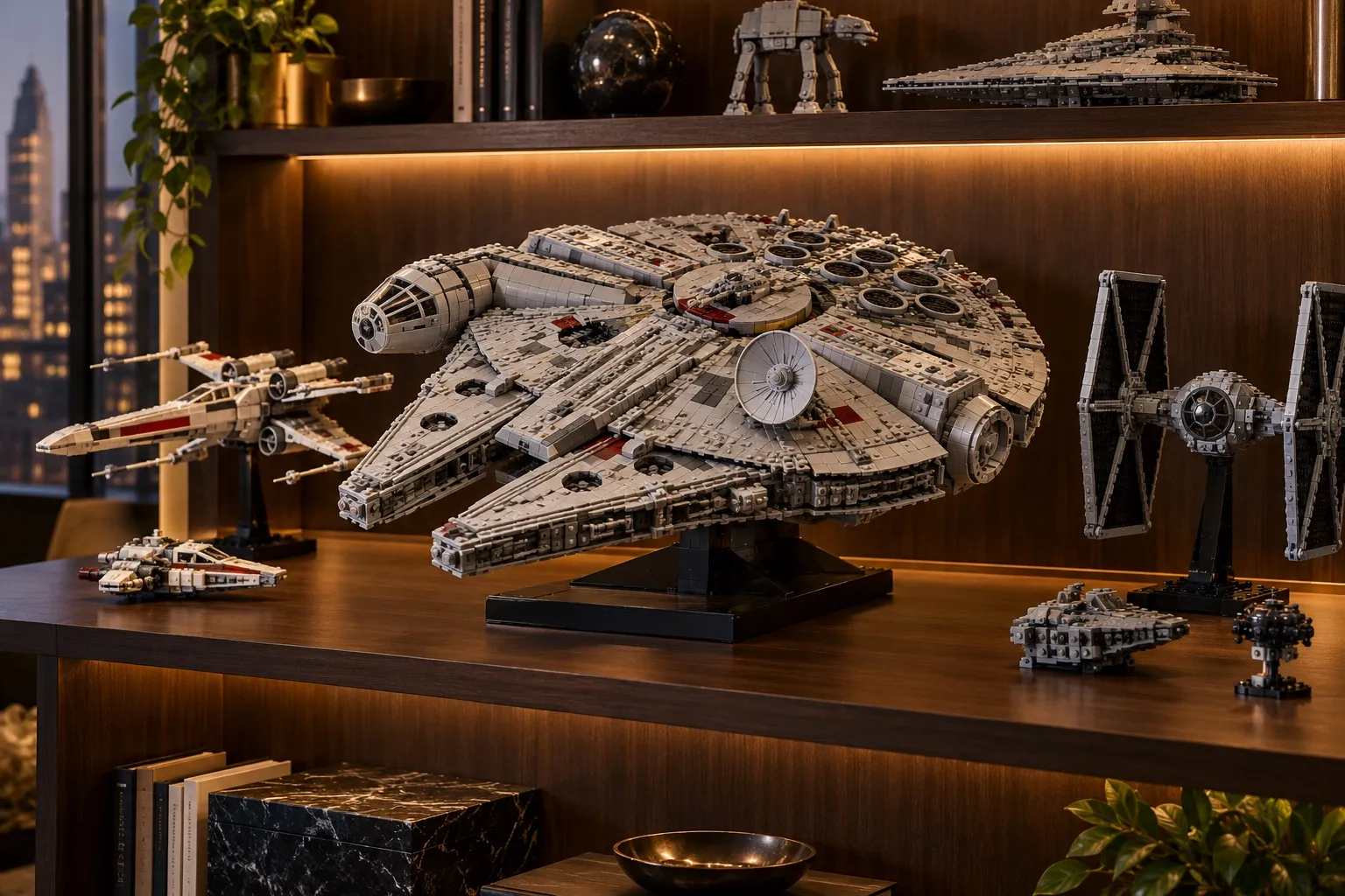 A LEGO Star Wars collection led by a Millennium Falcon display model, used as an editorial placeholder