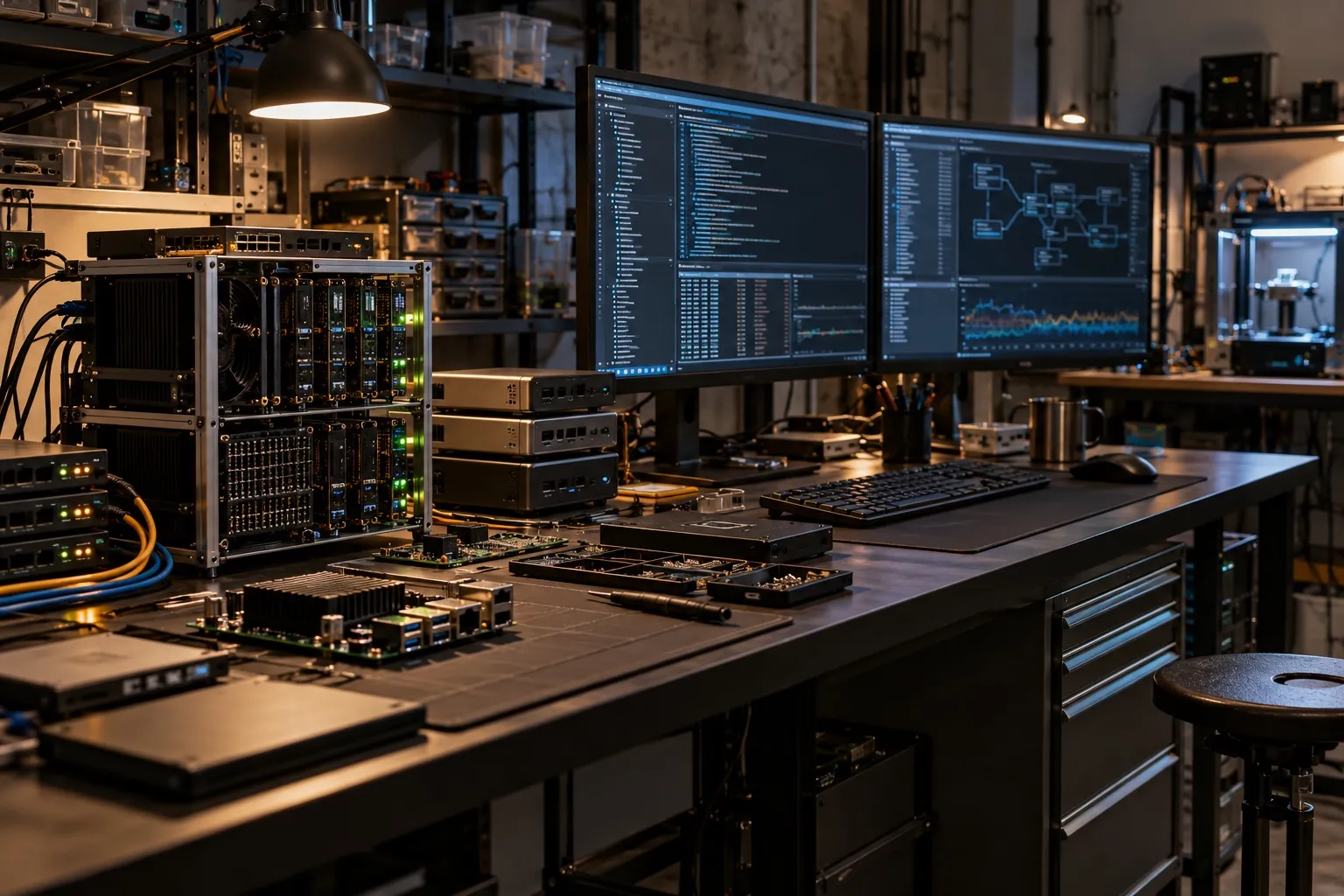 A computer science workbench with servers, circuit boards and code displays, used as an editorial placeholder