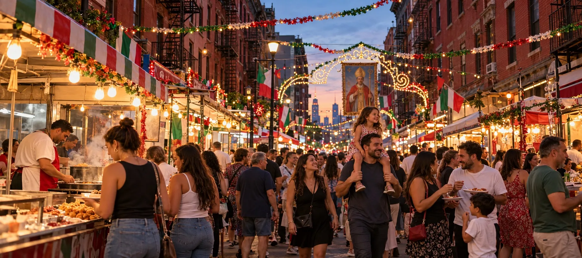 The Feast of San Gennaro filling Mulberry Street at dusk, used as an editorial placeholder